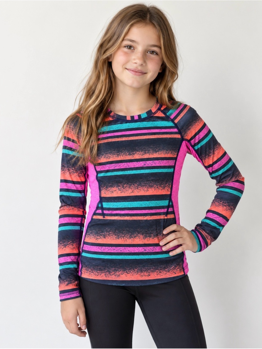 Ivivva Girls Long-Sleeve Stripe Active Top - Navy, Pink & Teal